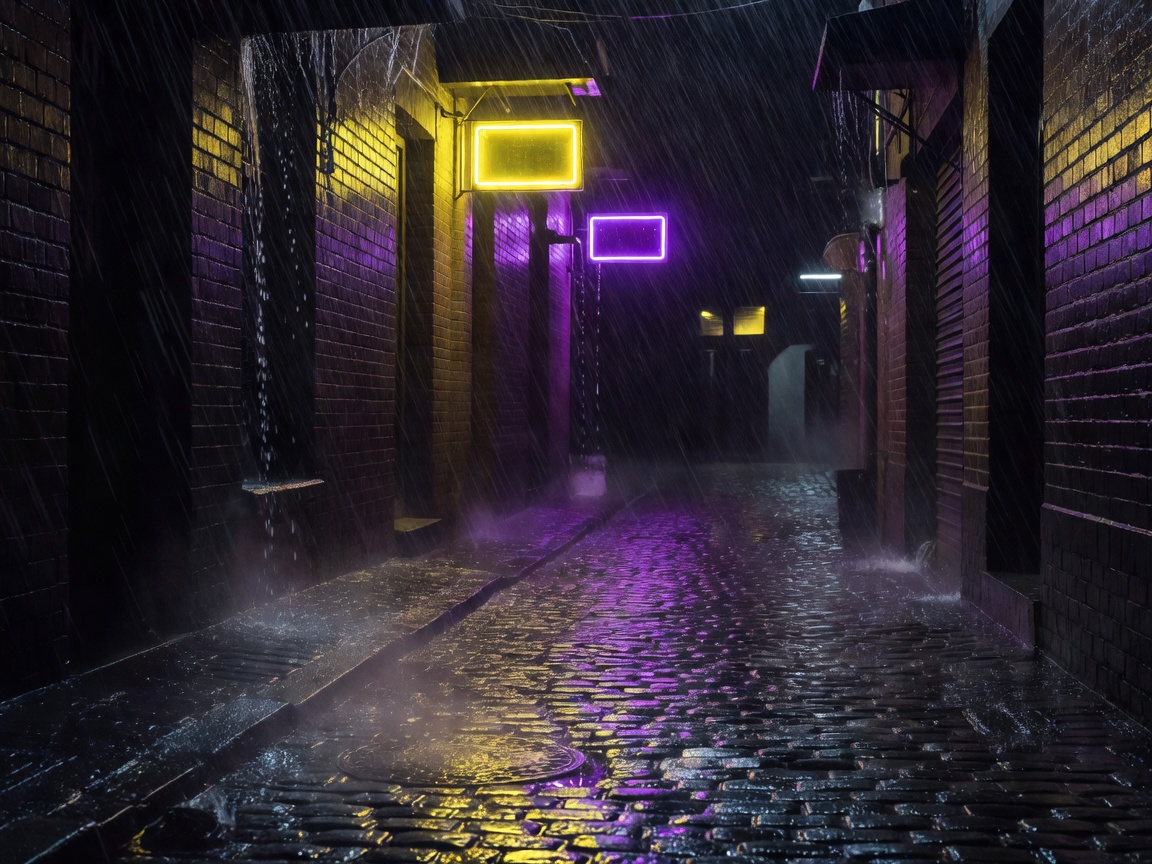 Slick retro alleyway with bright neon signs reflecting in a puddle
