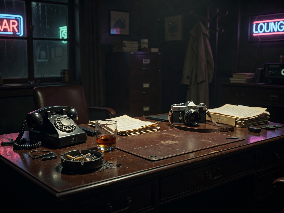 Cozy rainy detective desk highlighted by neon reflections on metal details