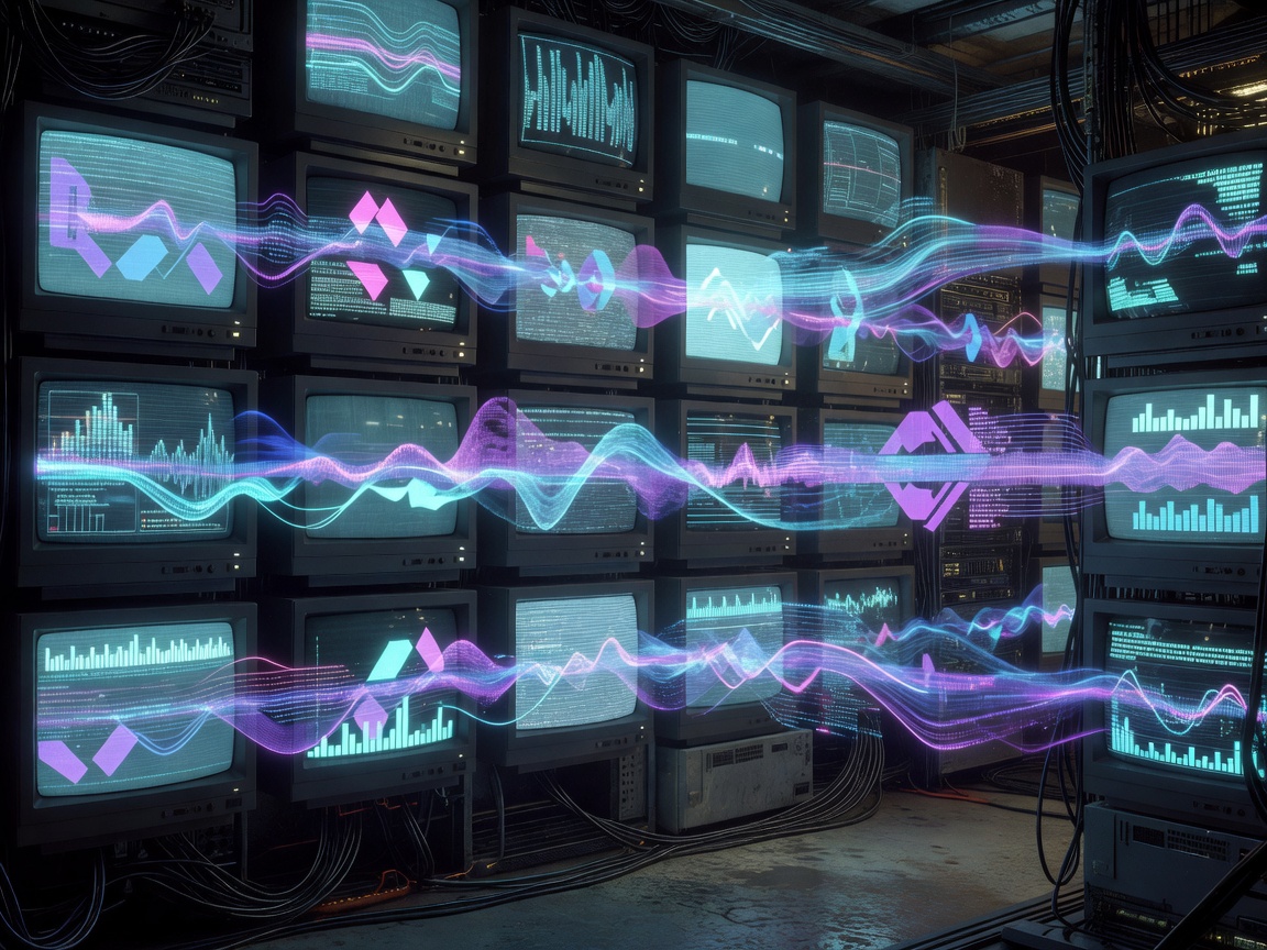 A high tech neon display dashboard with matrix-like codes