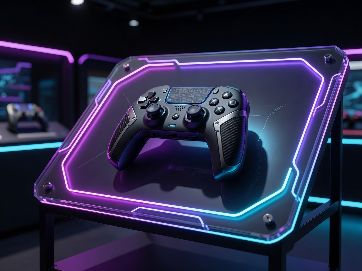Futuristic neon light game console showing high contrast security layout parameters