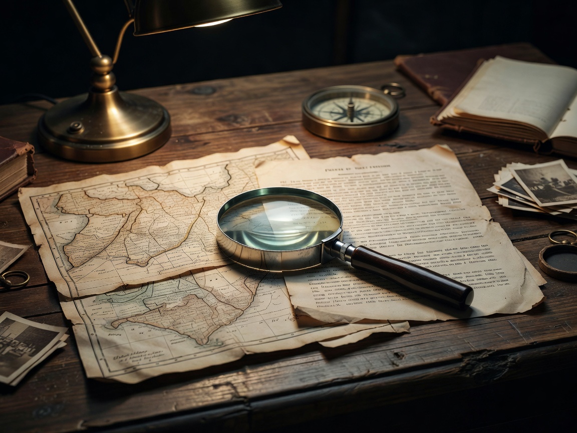 Close-up of magnifying glass tracking patterns over fluorescent crime documents
